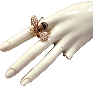 Gold bee adjustable ring body wings encrusted with rhinestones pearls